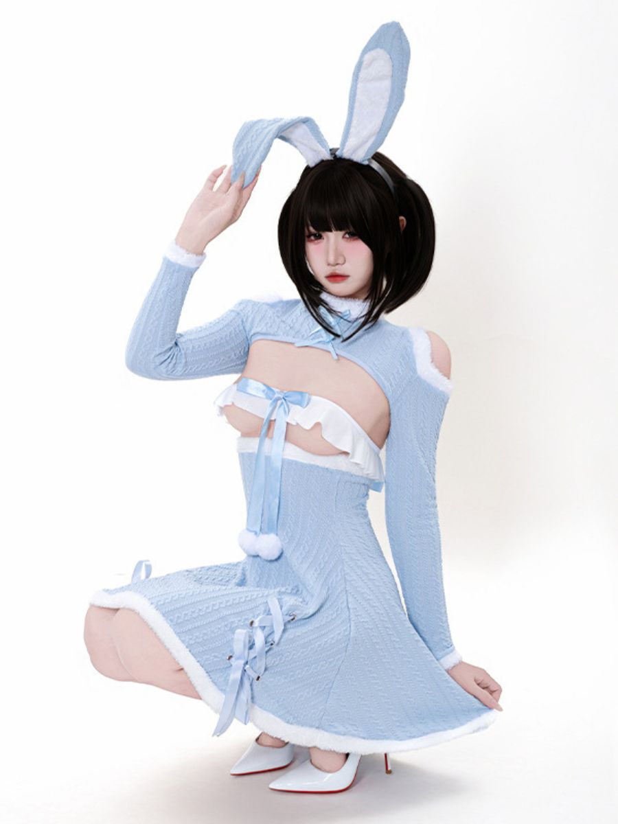 Ribbed Knit Bunny Cupless Outfit - Revealing Anime Cosplay Set blesssafe