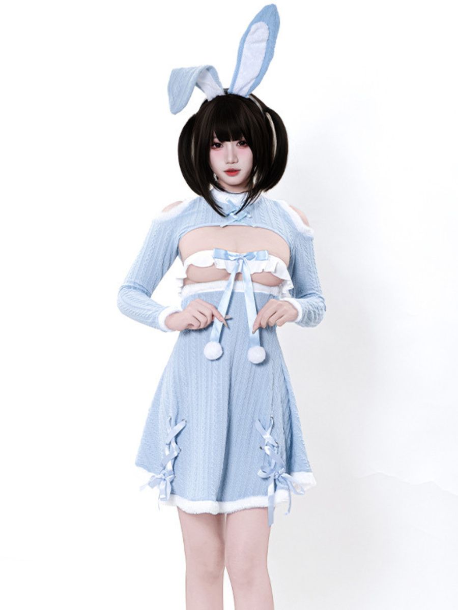 Ribbed Knit Bunny Cupless Outfit - Revealing Anime Cosplay Set blesssafe