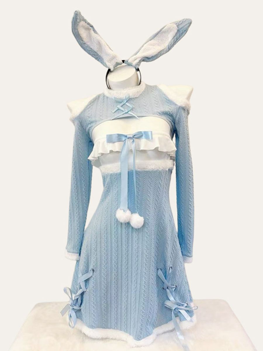 Ribbed Knit Bunny Cupless Outfit - Revealing Anime Cosplay Set blesssafe