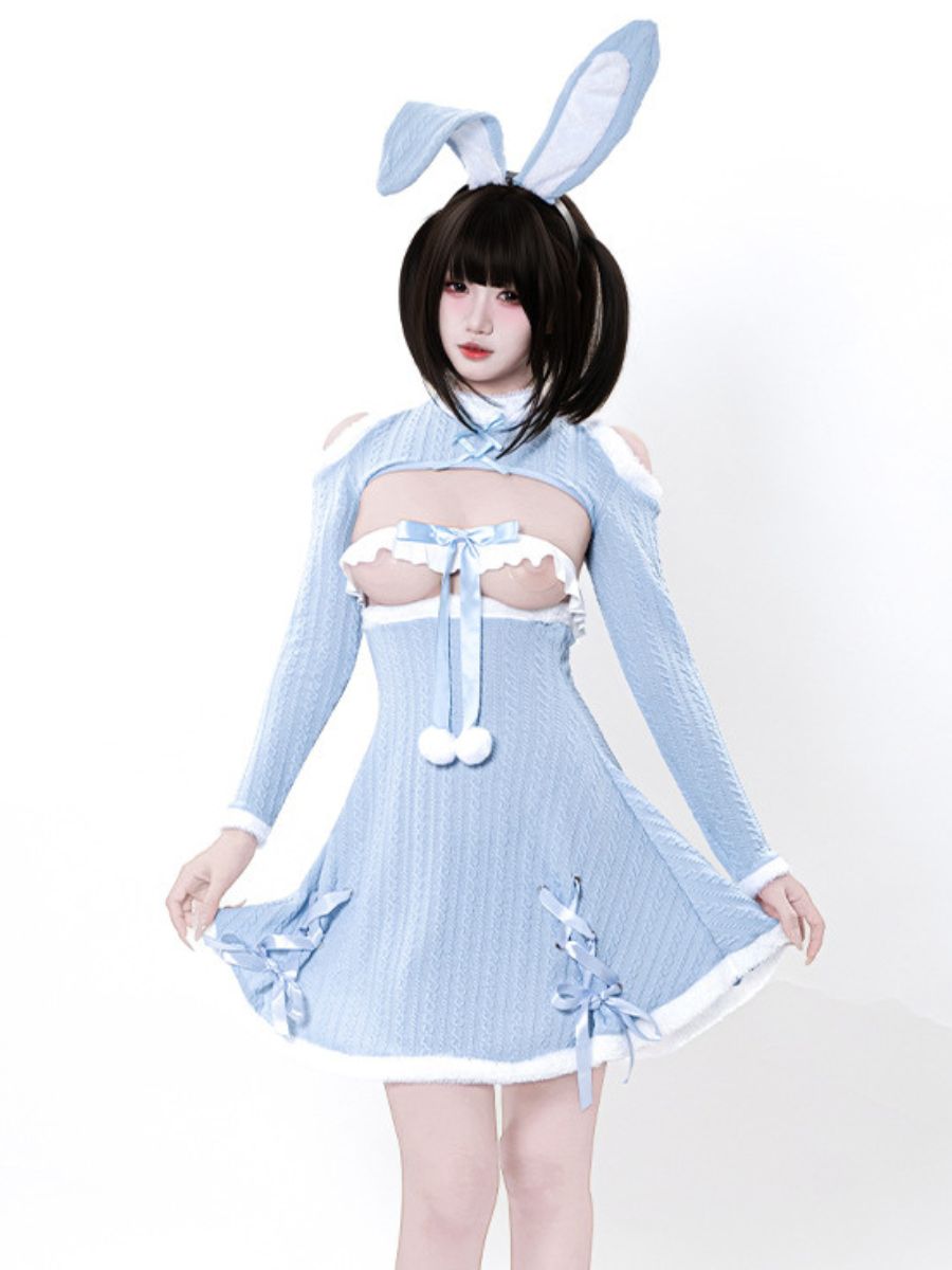 Ribbed Knit Bunny Cupless Outfit - Revealing Anime Cosplay Set blesssafe
