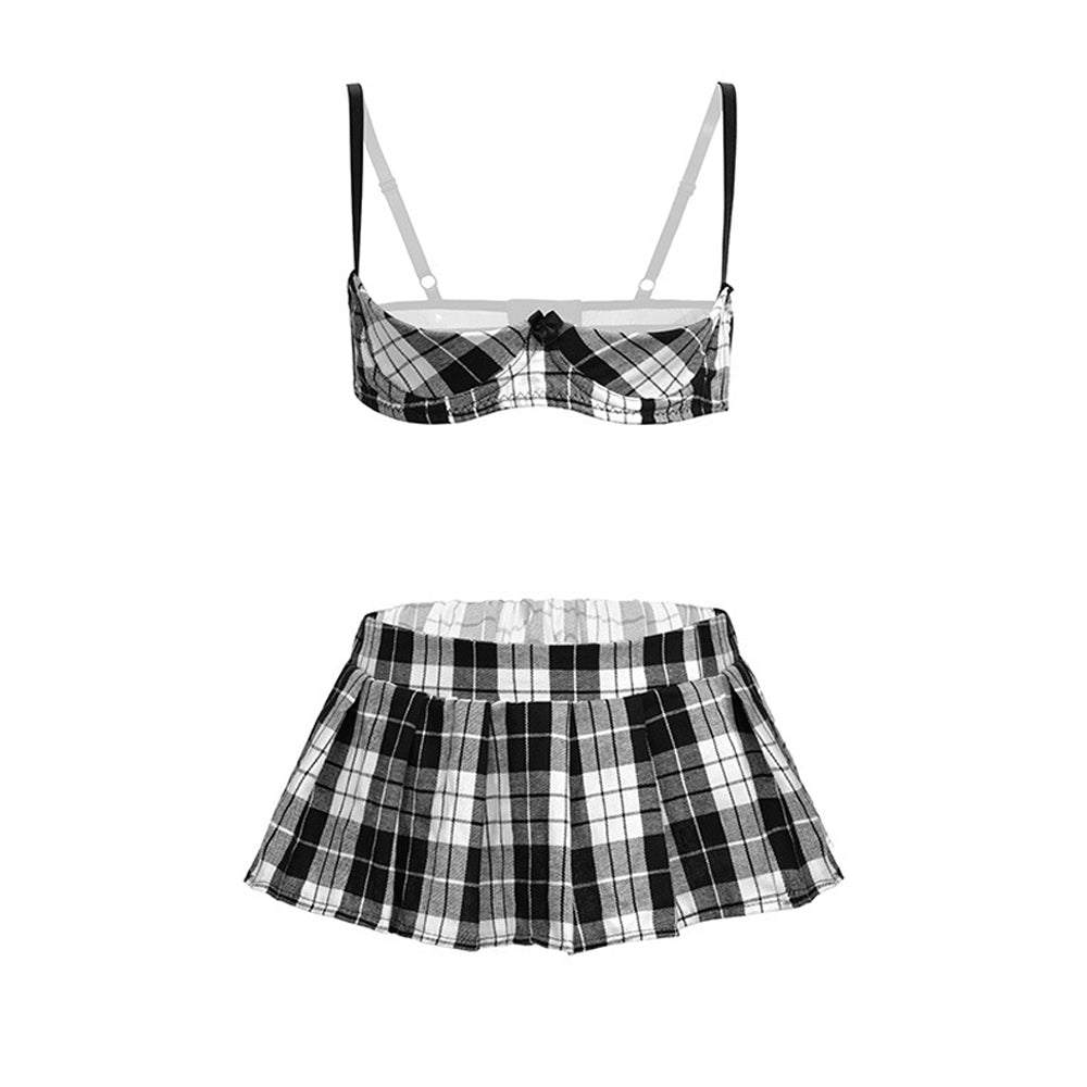 Plaid Open Cup Bra with Skirt - Sexy Revealing Anime Student Set
