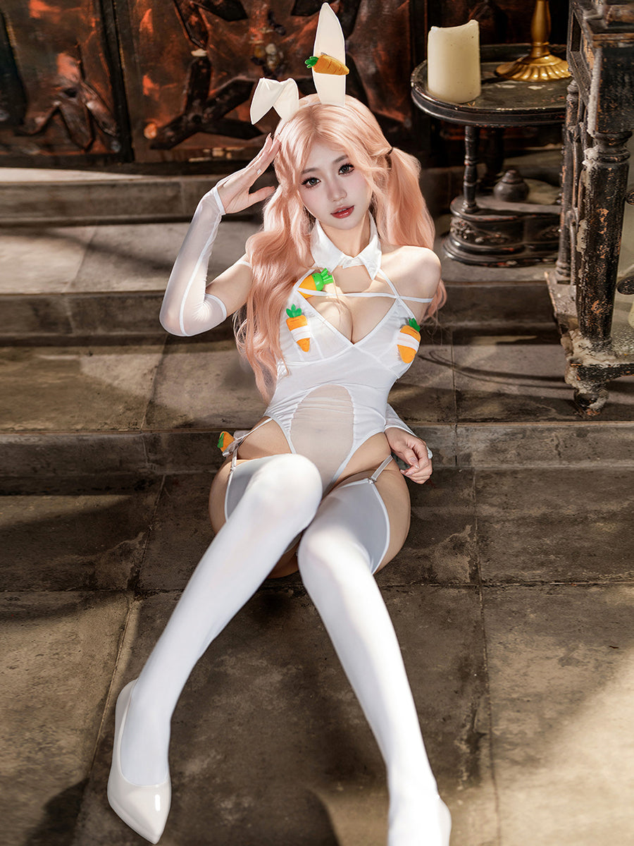 Electric Carrot Bunny Teddy Lingerie - Bright Neon Cosplay Outfit blesssafe