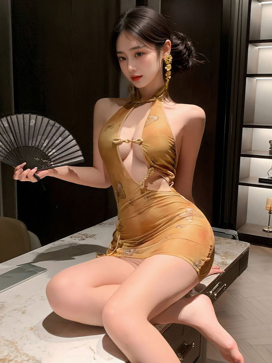 Vintage Butterfly Print Lace-Up Dress - Sexy Chinese Style Outfit Blesssafe