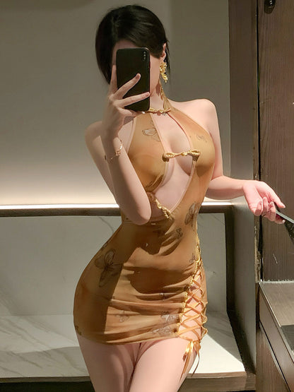 Vintage Butterfly Print Lace-Up Dress - Sexy Chinese Style Outfit Blesssafe