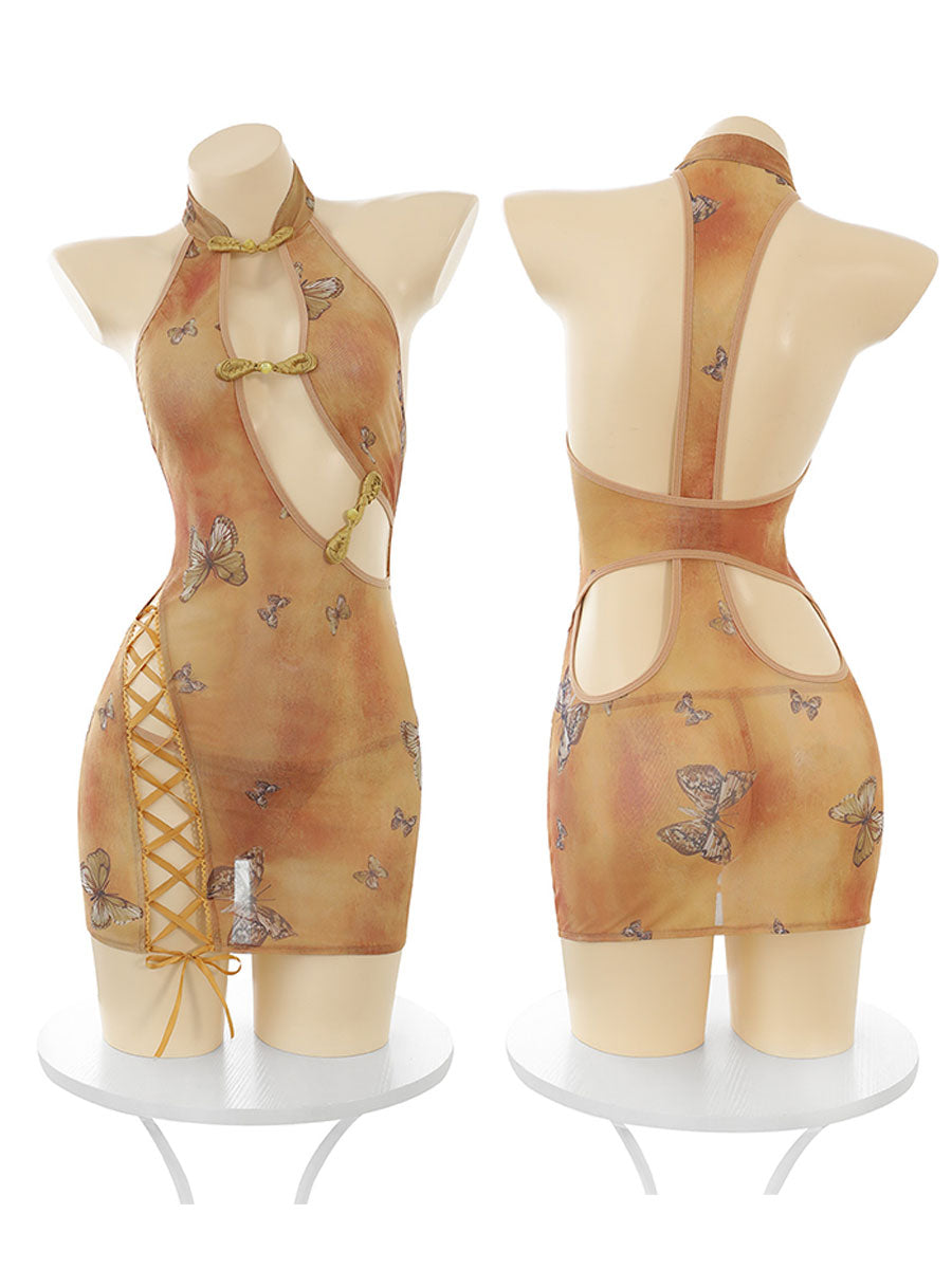 Vintage Butterfly Print Lace-Up Dress - Sexy Chinese Style Outfit Blesssafe