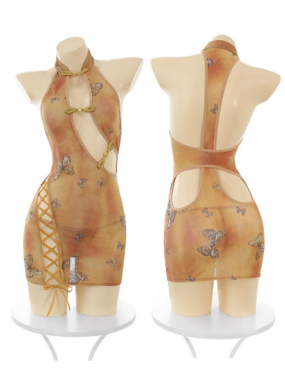 Vintage Butterfly Print Lace-Up Dress - Sexy Chinese Style Outfit Blesssafe