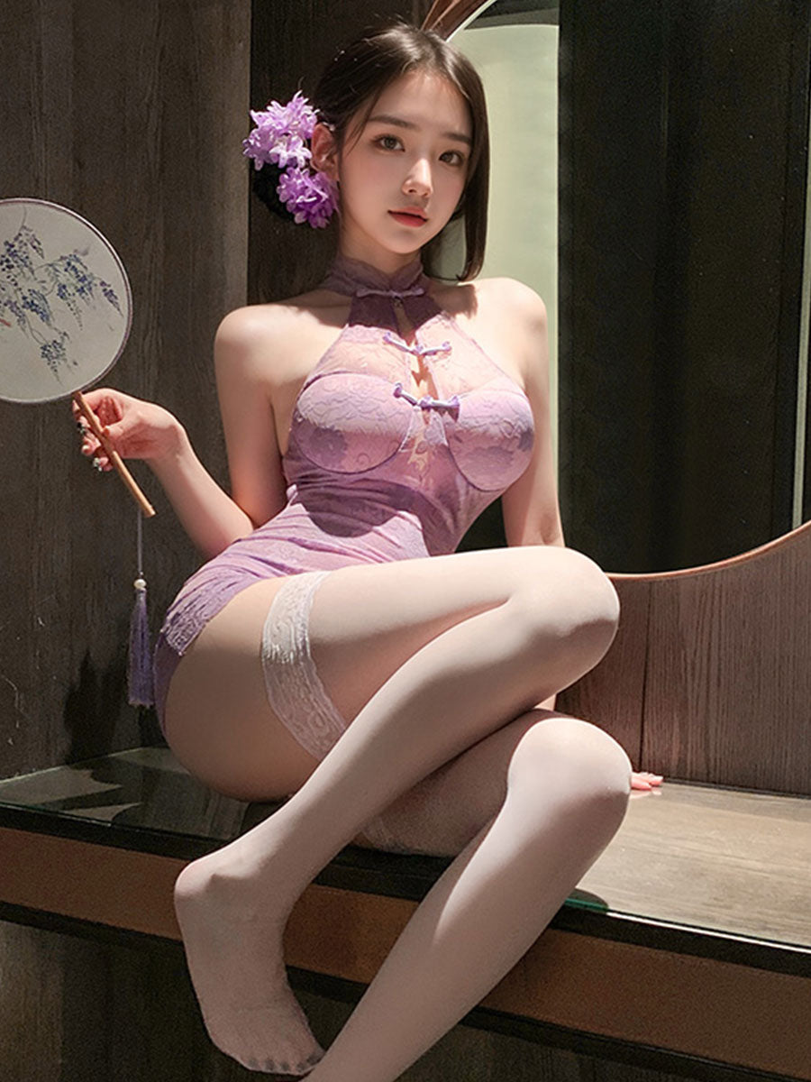 Chinese Purple Floral Lace Babydoll Dress - Transparent Nightie Blesssafe