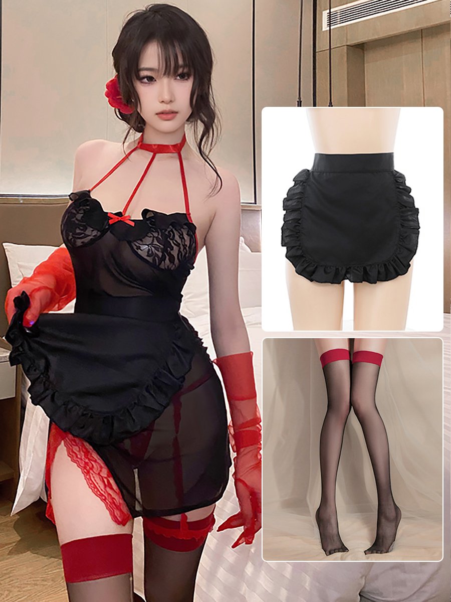 Sheer Mesh Chinese Dress with Apron - Sexy Transparent Servant Blesssafe