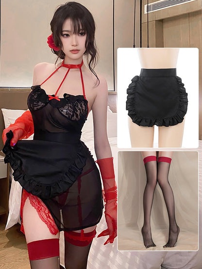 Sheer Mesh Chinese Dress with Apron - Sexy Transparent Servant Blesssafe