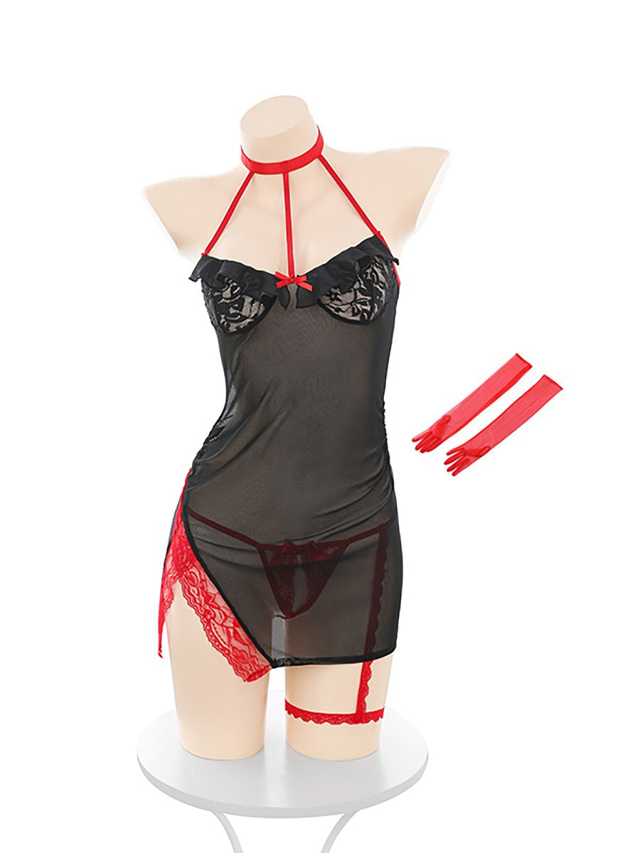 Sheer Mesh Chinese Dress with Apron - Sexy Transparent Servant Blesssafe