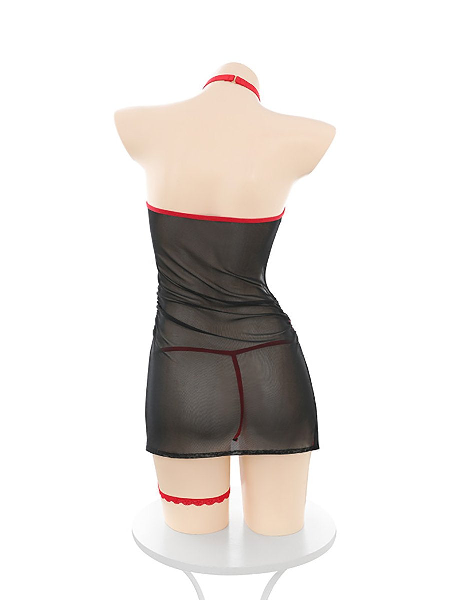 Sheer Mesh Chinese Dress with Apron - Sexy Transparent Servant Blesssafe