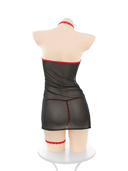 Sheer Mesh Chinese Dress with Apron - Sexy Transparent Servant Blesssafe
