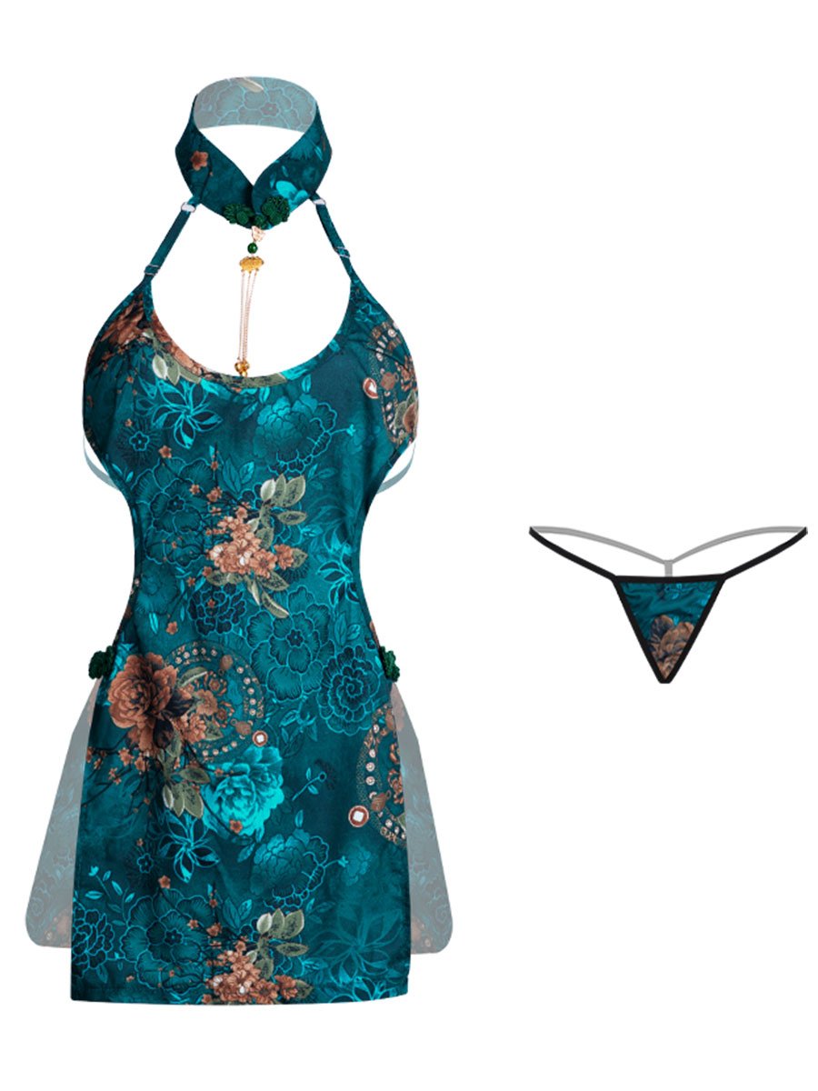 Teal Blue Floral Cheongsam Dress - Elegant Chinese Style Outfit Blesssafe