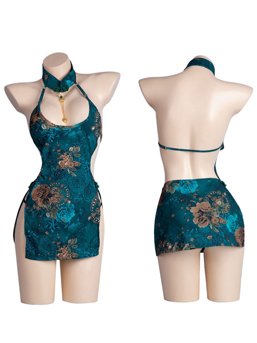 Teal Blue Floral Cheongsam Dress - Elegant Chinese Style Outfit Blesssafe