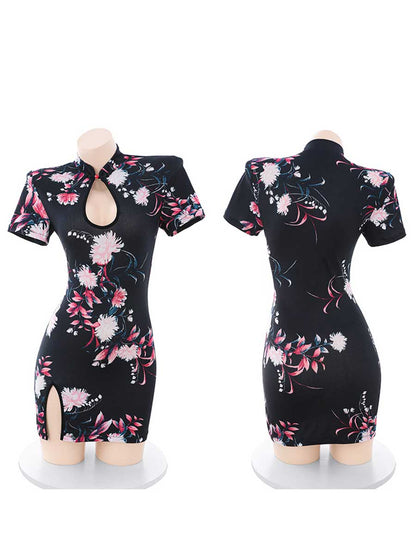 Floral Cheongsam Dress W/ Maid Apron - Cute Anime Servant Costume Blesssafe