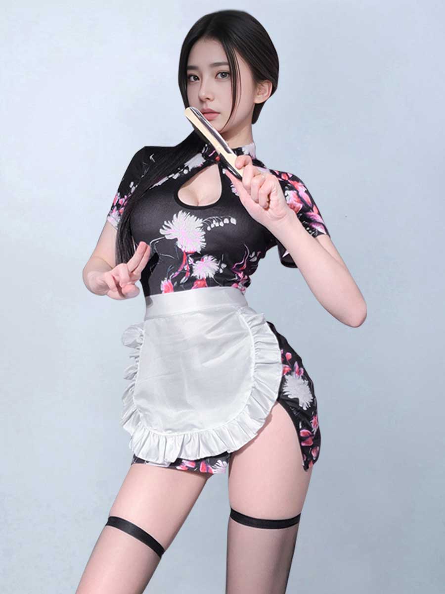 Floral Cheongsam Dress W/ Maid Apron - Cute Anime Servant Costume Blesssafe