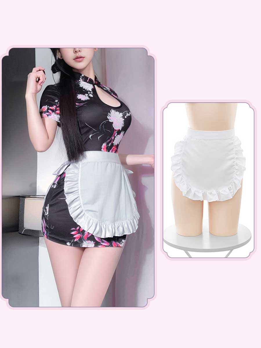 Floral Cheongsam Dress W/ Maid Apron - Cute Anime Servant Costume Blesssafe