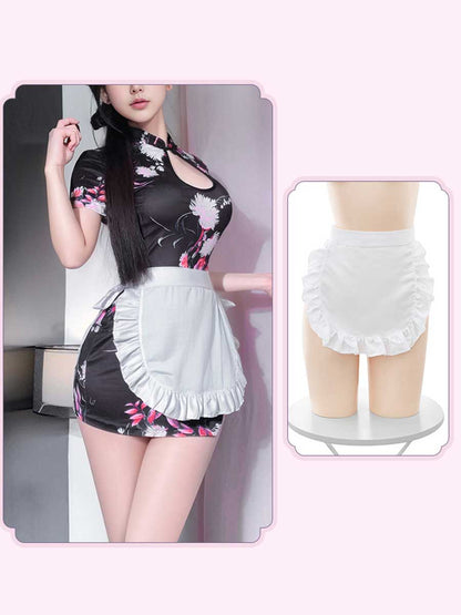 Floral Cheongsam Dress W/ Maid Apron - Cute Anime Servant Costume Blesssafe