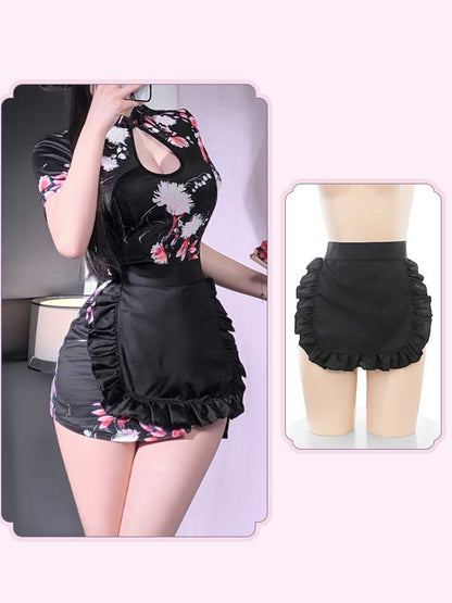 Floral Cheongsam Dress W/ Maid Apron - Cute Anime Servant Costume Blesssafe