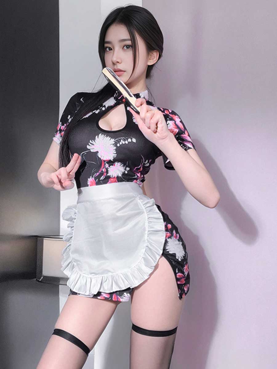 Floral Cheongsam Dress W/ Maid Apron - Cute Anime Servant Costume Blesssafe