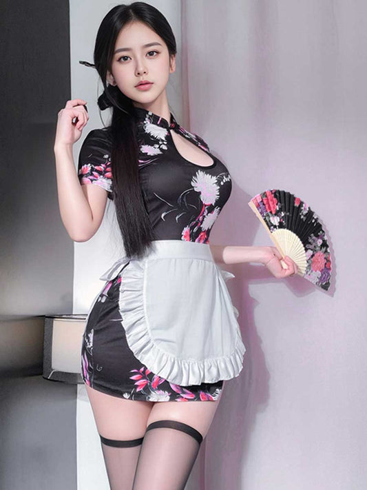 Floral Cheongsam Dress W/ Maid Apron - Cute Anime Servant Costume Blesssafe