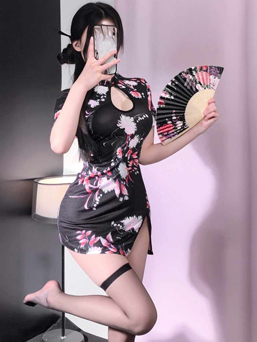 Floral Cheongsam Dress W/ Maid Apron - Cute Anime Servant Costume Blesssafe