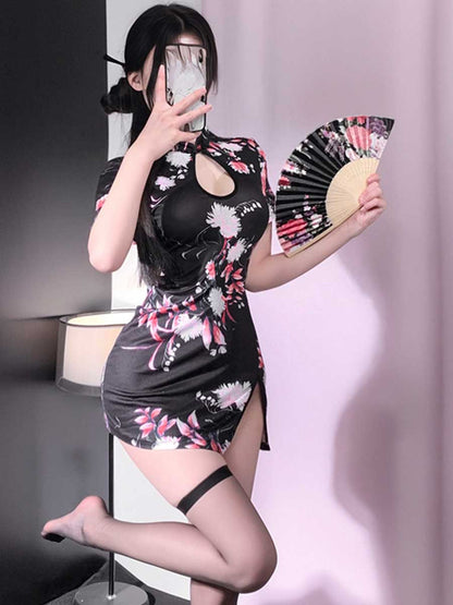 Floral Cheongsam Dress W/ Maid Apron - Cute Anime Servant Costume Blesssafe