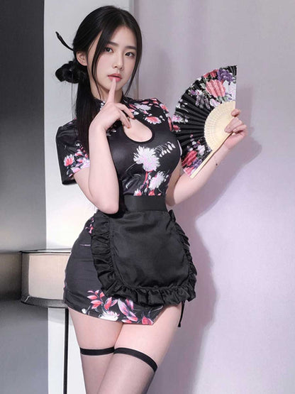 Floral Cheongsam Dress W/ Maid Apron - Cute Anime Servant Costume Blesssafe