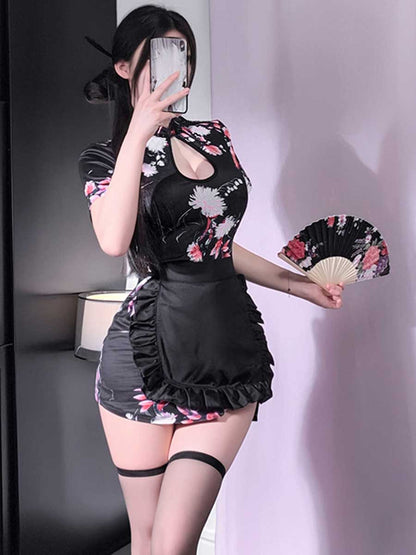 Floral Cheongsam Dress W/ Maid Apron - Cute Anime Servant Costume Blesssafe
