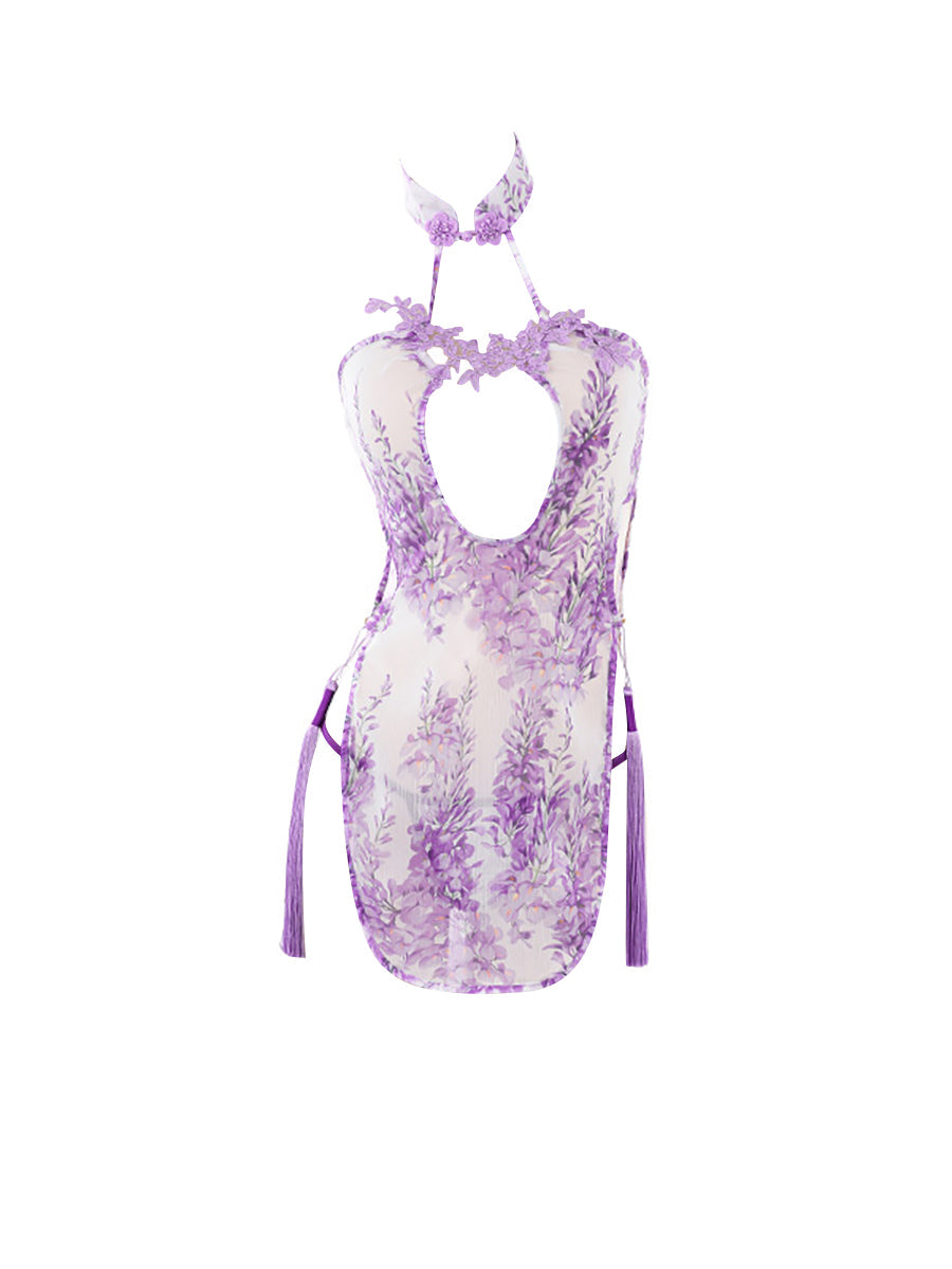 Purple Chiffon Floral Cheongsam Dress - Flouncy Chinese Nightgown Blesssafe