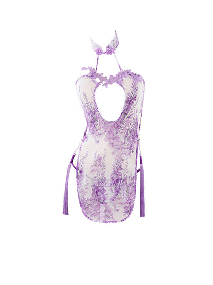 Purple Chiffon Floral Cheongsam Dress - Flouncy Chinese Nightgown Blesssafe