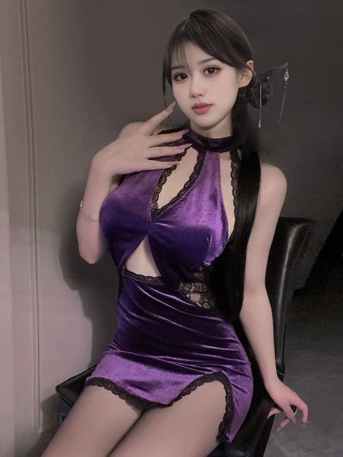 Purple Velvet Backless Cheongsam Dress - Sexy Split Qipao Gown Blesssafe