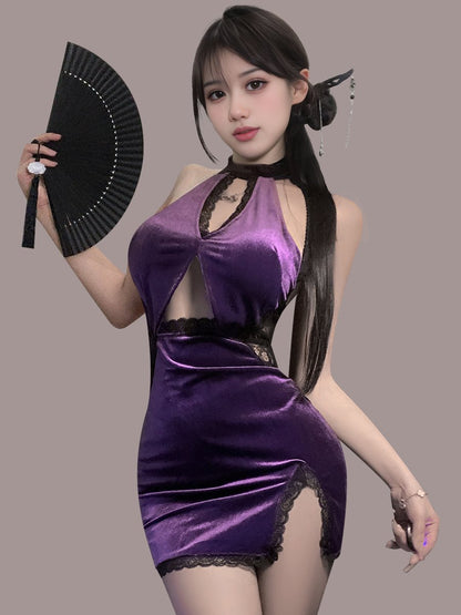 Purple Velvet Backless Cheongsam Dress - Sexy Split Qipao Gown Blesssafe