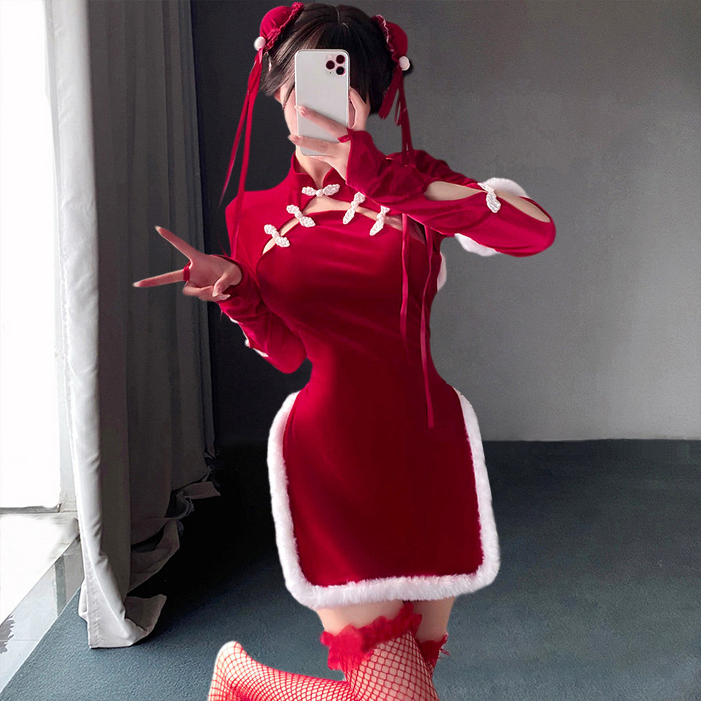 Sexy Cheongsam Dress Red Velvet Cheongsam Lingerie Dress Chinese Split Dress Blesssafe