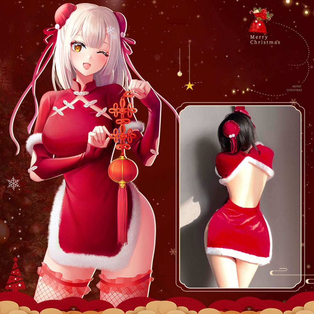 Sexy Cheongsam Dress Red Velvet Cheongsam Lingerie Dress Chinese Split Dress Blesssafe