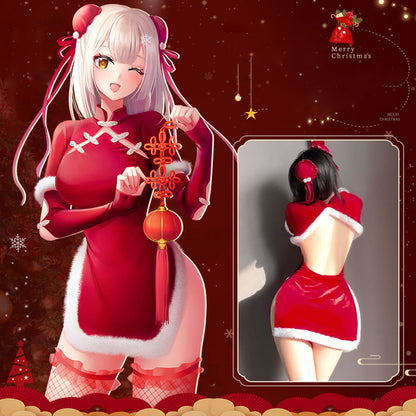 Sexy Cheongsam Dress Red Velvet Cheongsam Lingerie Dress Chinese Split Dress Blesssafe