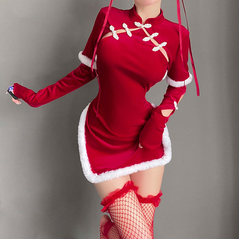 Sexy Cheongsam Dress Red Velvet Cheongsam Lingerie Dress Chinese Split Dress Blesssafe