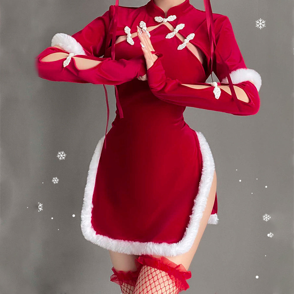 Sexy Cheongsam Dress Red Velvet Cheongsam Lingerie Dress Chinese Split Dress Blesssafe