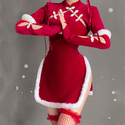 Sexy Cheongsam Dress Red Velvet Cheongsam Lingerie Dress Chinese Split Dress Blesssafe