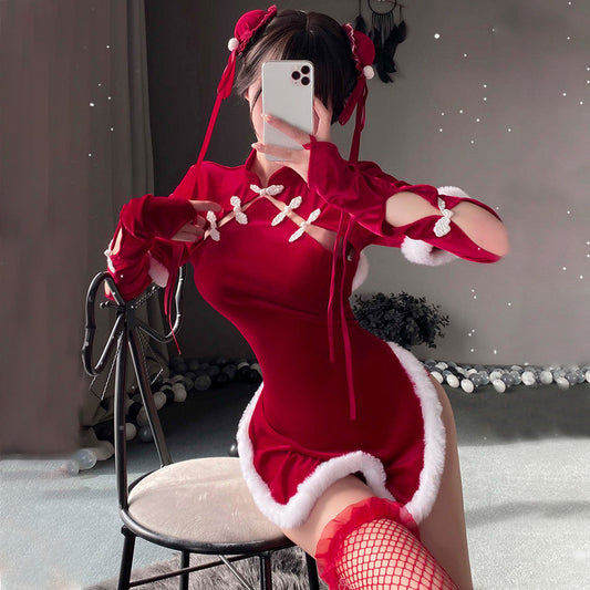 Sexy Cheongsam Dress Red Velvet Cheongsam Lingerie Dress Chinese Split Dress Blesssafe