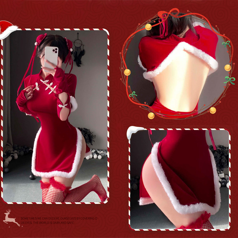Sexy Cheongsam Dress Red Velvet Cheongsam Lingerie Dress Chinese Split Dress Blesssafe