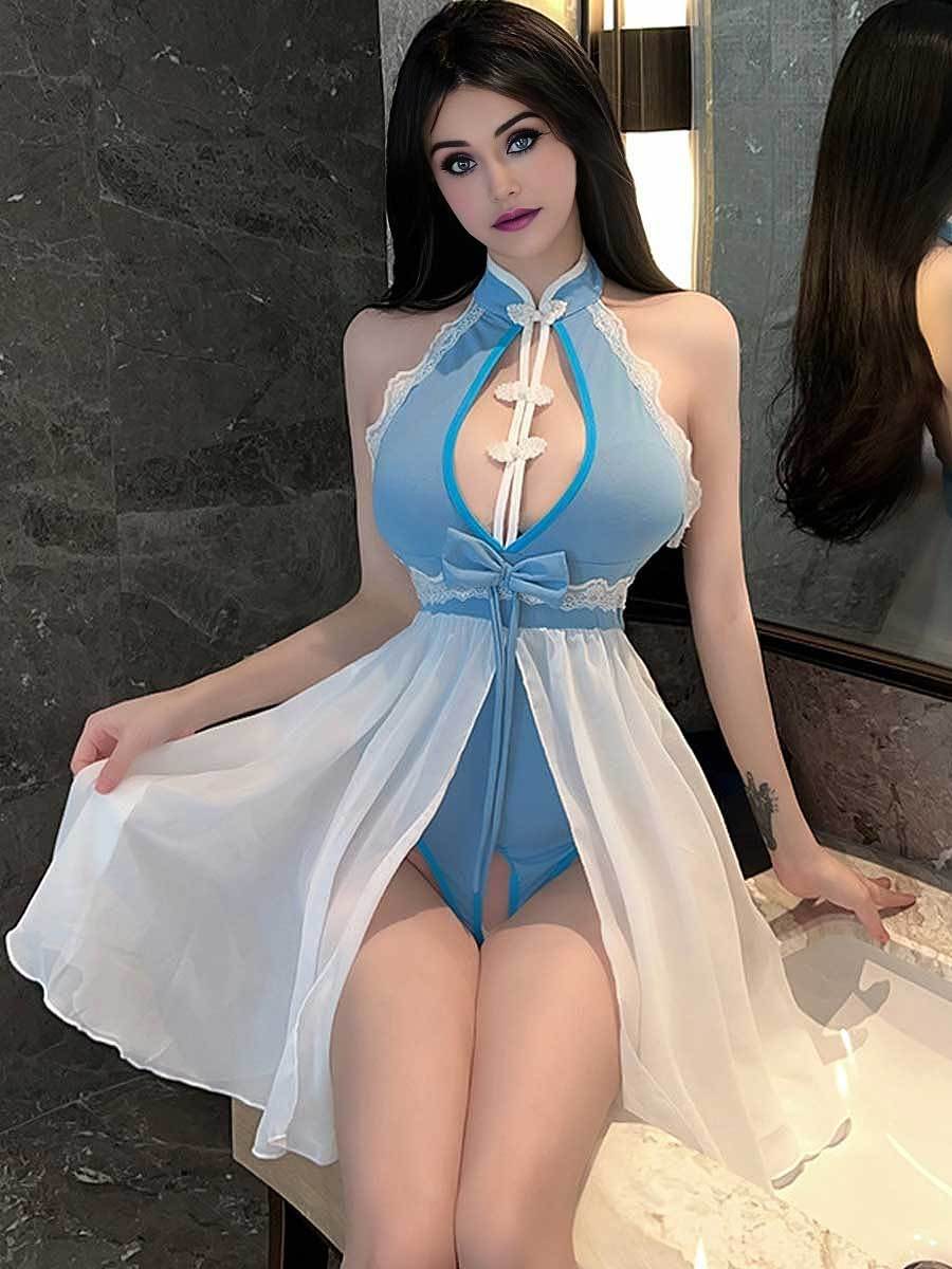 Chinese Style Crotchless Bodysuit - Naughty High Cut Qipao Teddy Blesssafe