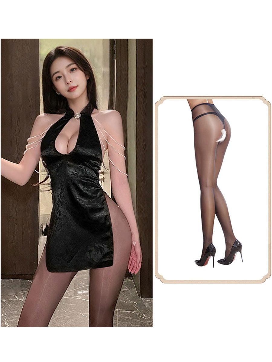 Chinese Pearl Strap Lingerie Dress - Sexy Beaded Qipao Teddy Blesssafe