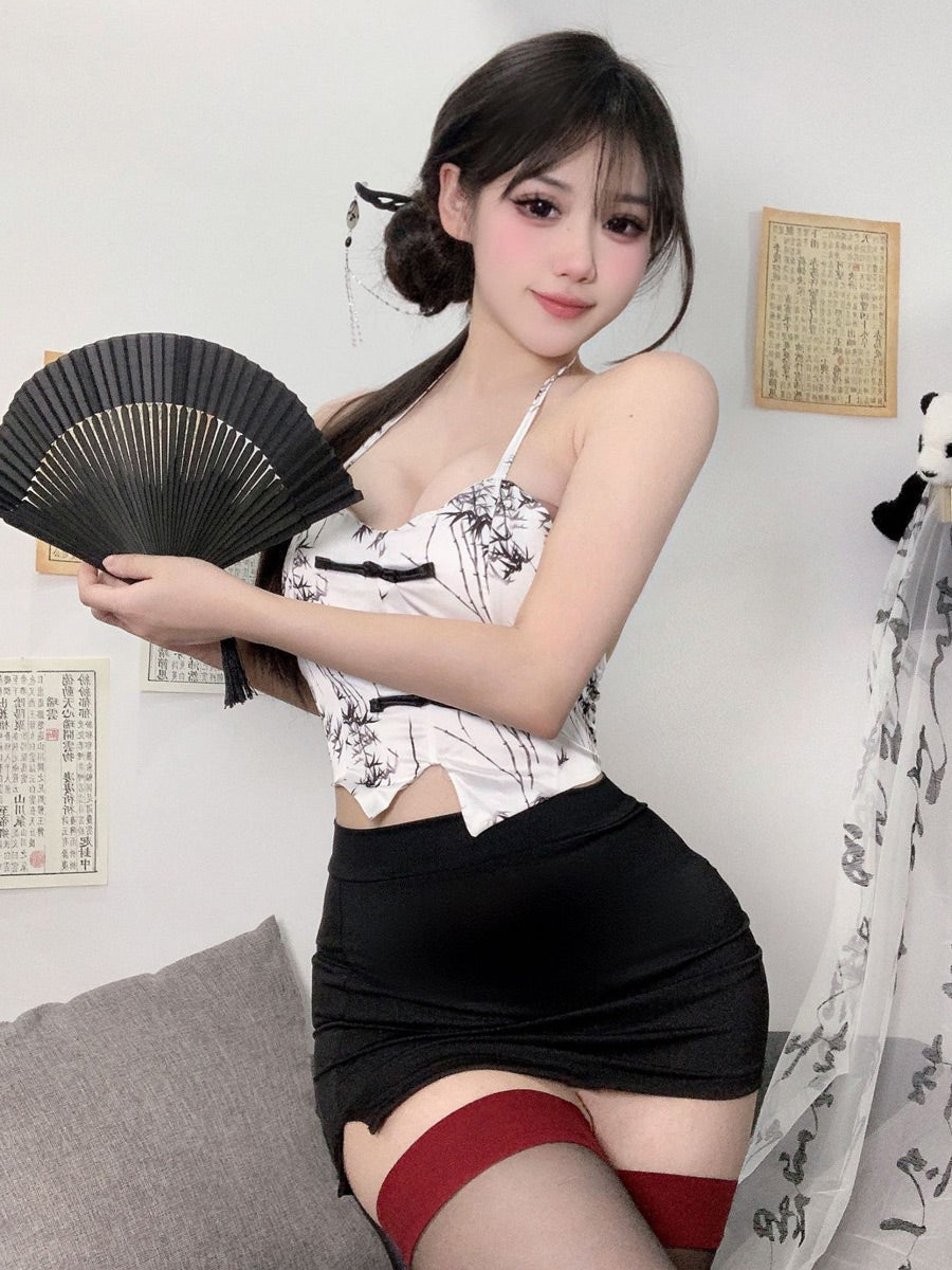 Two Piece Floral Print Top and Skirt Set - Retro Chinese Cosplay Blesssafe