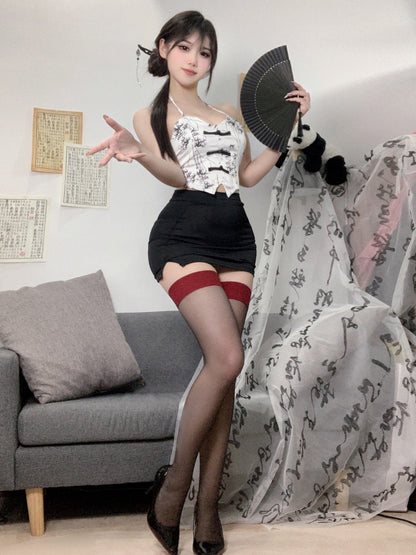 Two Piece Floral Print Top and Skirt Set - Retro Chinese Cosplay Blesssafe
