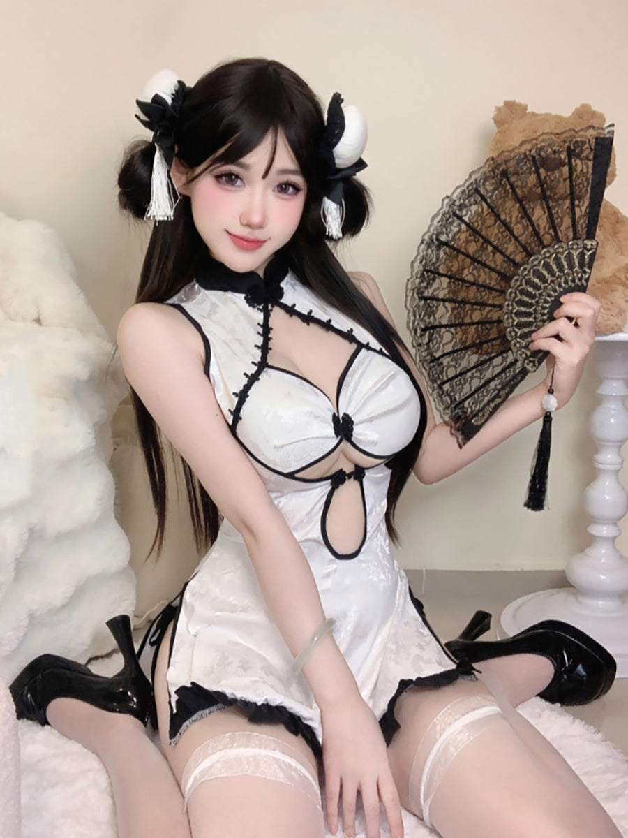 White Jacquard Cheongsam Dress - Elegant Porcelain Chinese Qipao Blesssafe