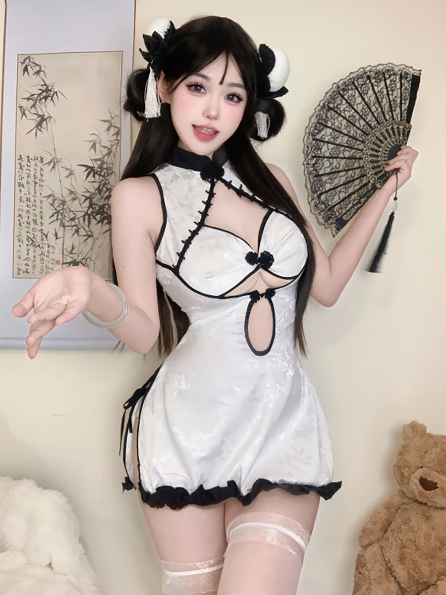 White Jacquard Cheongsam Dress - Elegant Porcelain Chinese Qipao Blesssafe