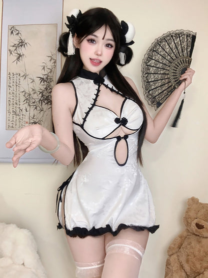 White Jacquard Cheongsam Dress - Elegant Porcelain Chinese Qipao Blesssafe
