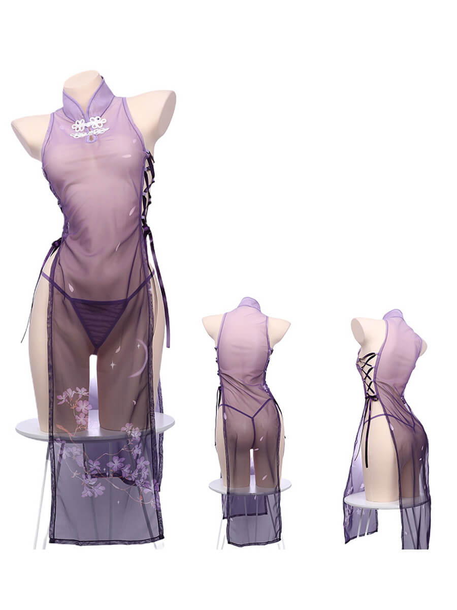 Sheer Mesh Chinese Style Lingerie Dress - Transparent Qipao Teddy Blesssafe