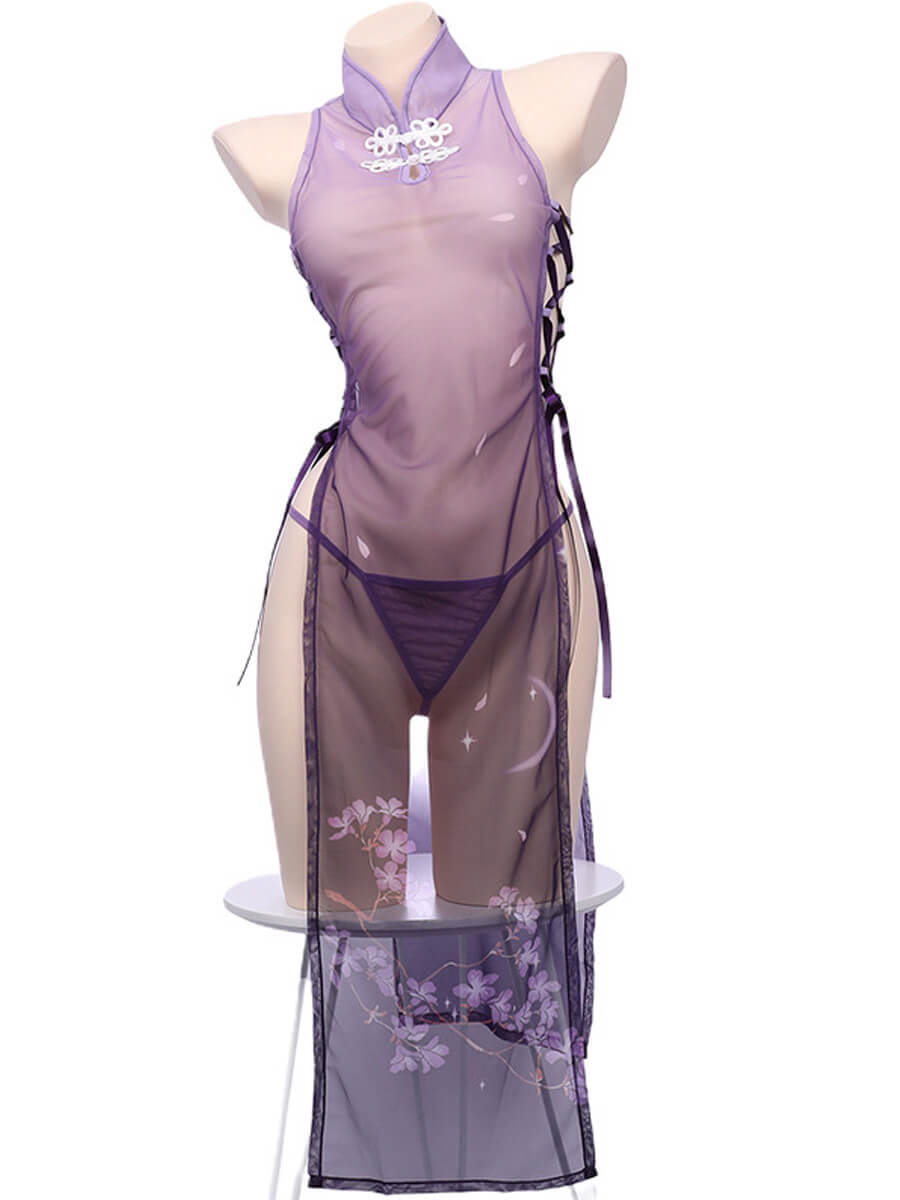 Sheer Mesh Chinese Style Lingerie Dress - Transparent Qipao Teddy Blesssafe